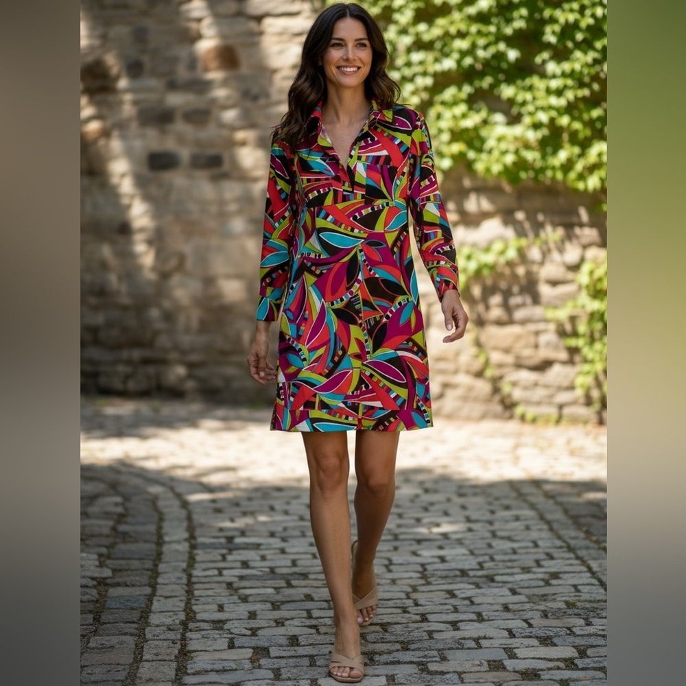 Jude Connally Purple Blue Black Colorful Collared Geometric Retro Print Dress